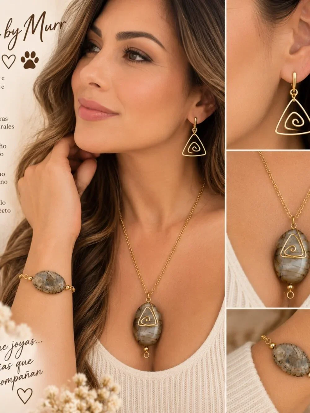 Handmade Natural Stone Jewelry Set | Gold-Tone Necklace Earrings Bracelet